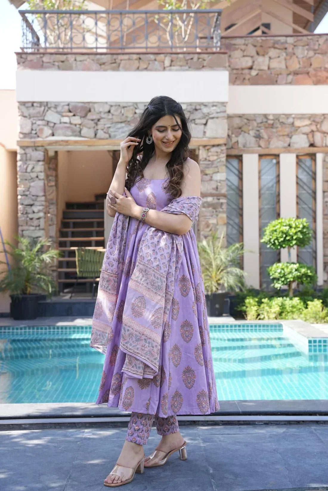 Beautiful Purple Cotton Kurta And Pant With Dupatta Set for Women's
