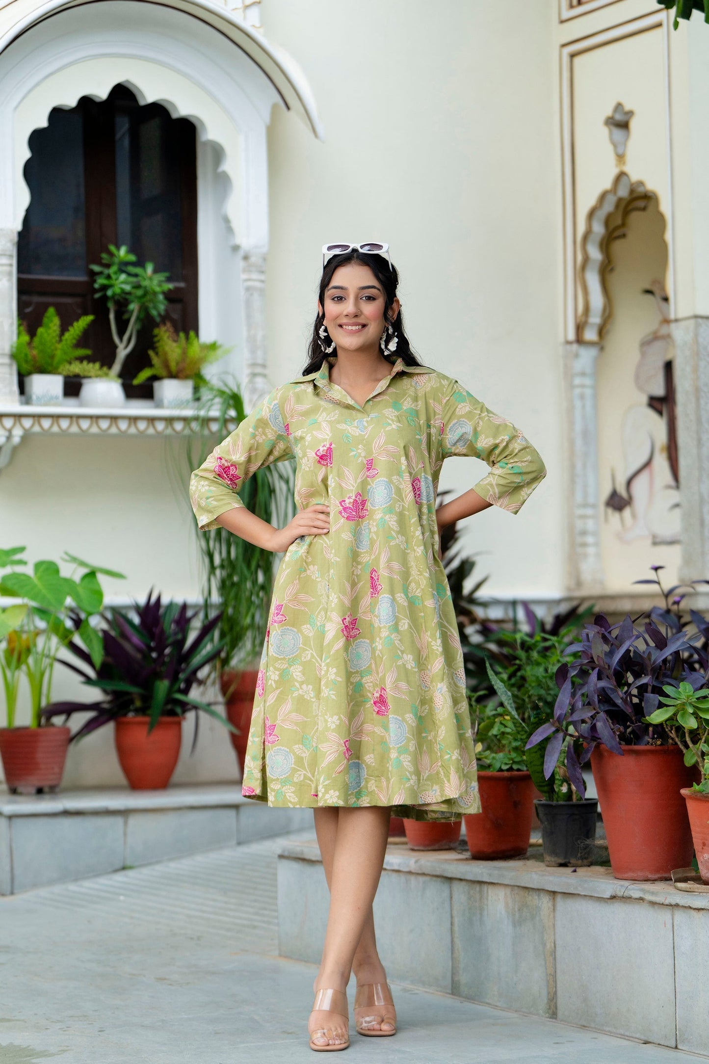Pure Cotton Pista Green Kumodini Dress for Women's