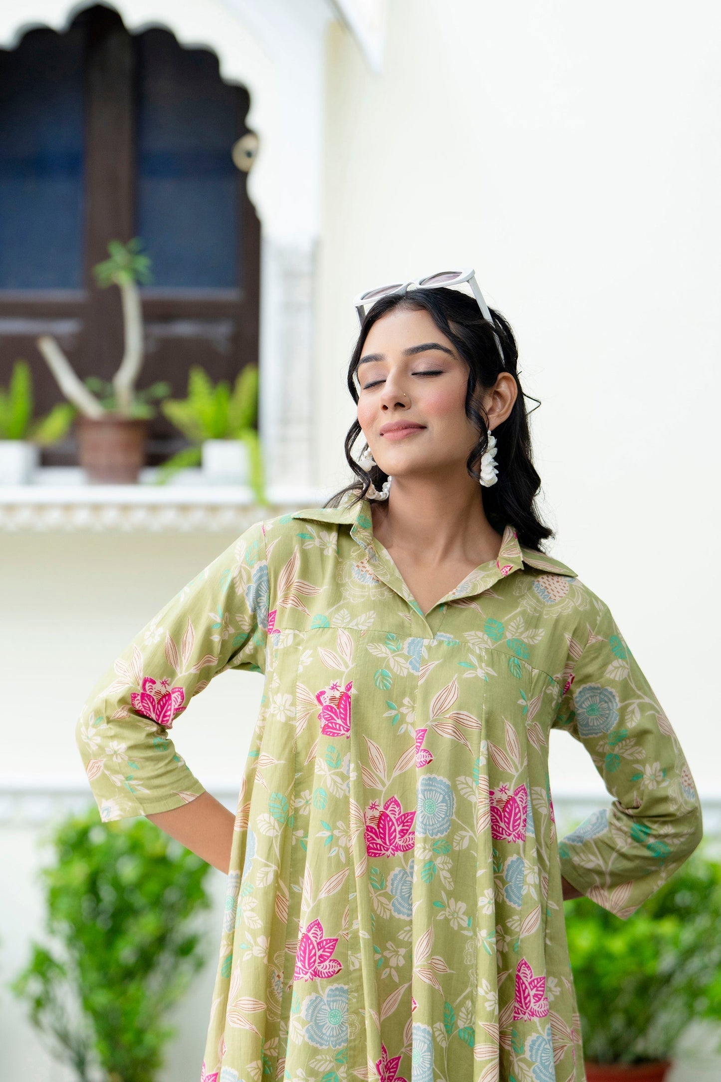 Pure Cotton Pista Green Kumodini Dress for Women's