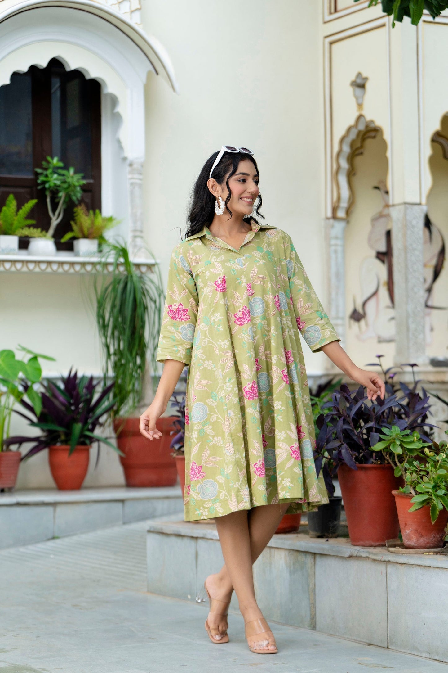 Pure Cotton Pista Green Kumodini Dress for Women's