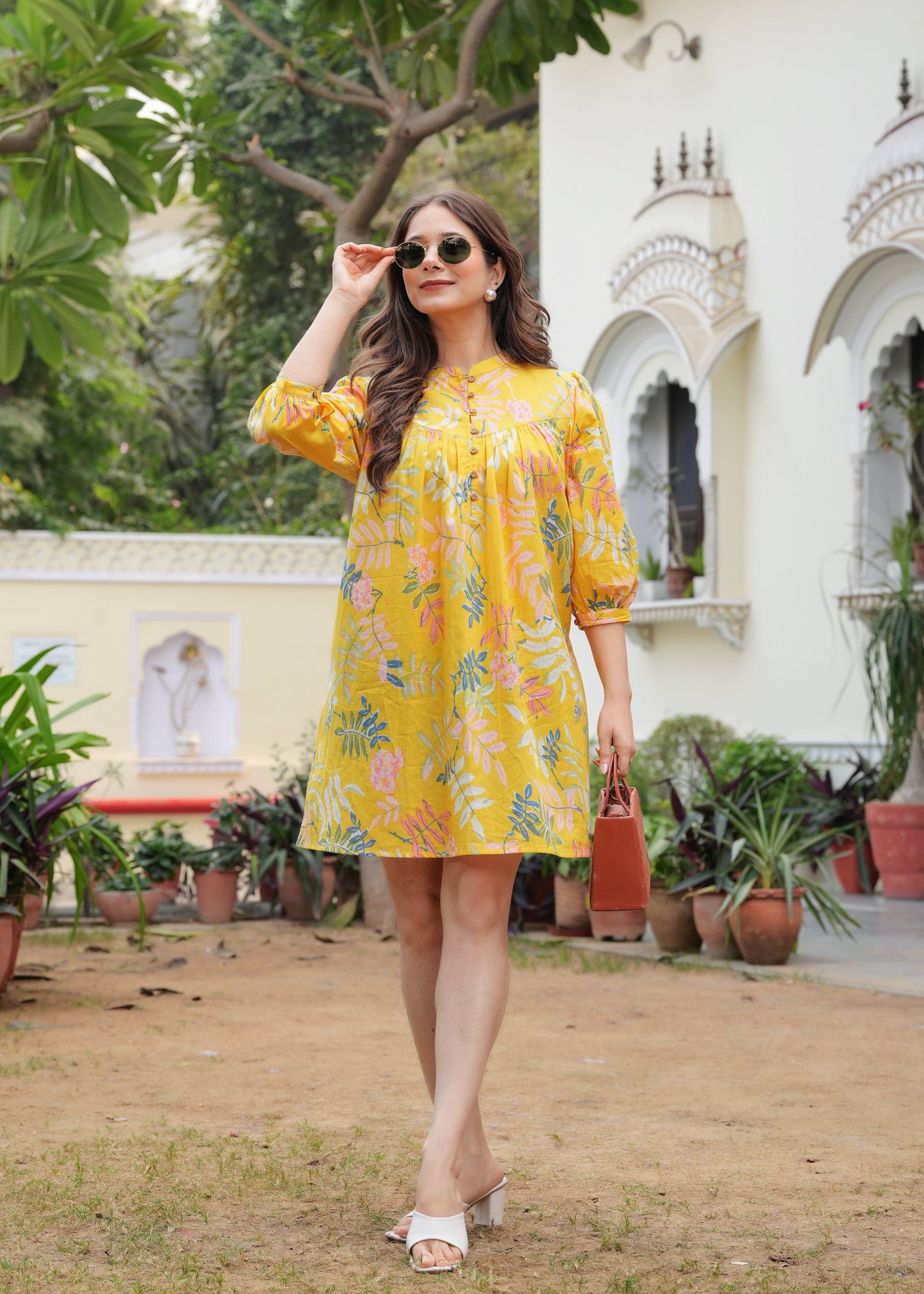 Pure Cotton Yellow Skyline Charm Mini Dress for Women's