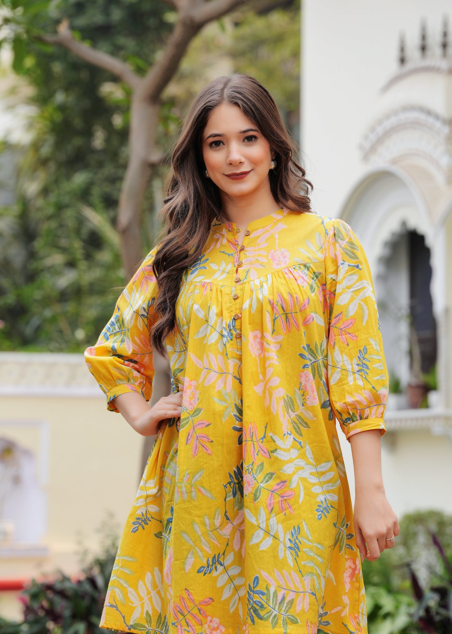 Pure Cotton Yellow Skyline Charm Mini Dress for Women's