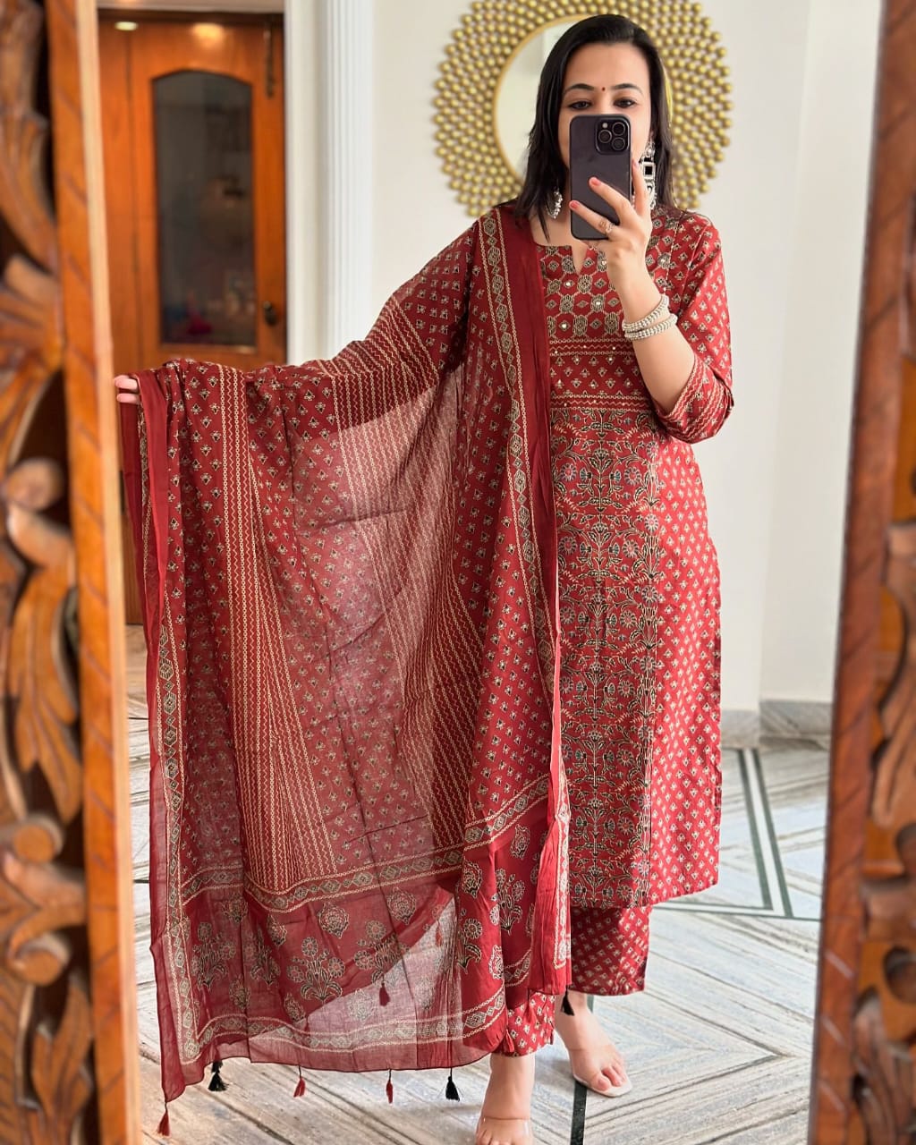 Red Buti Work Kurta And Pant With Dupatta for Women's