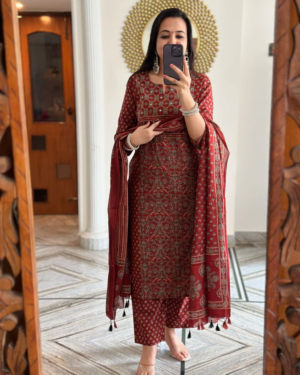 Red Buti Work Kurta And Pant With Dupatta for Women's