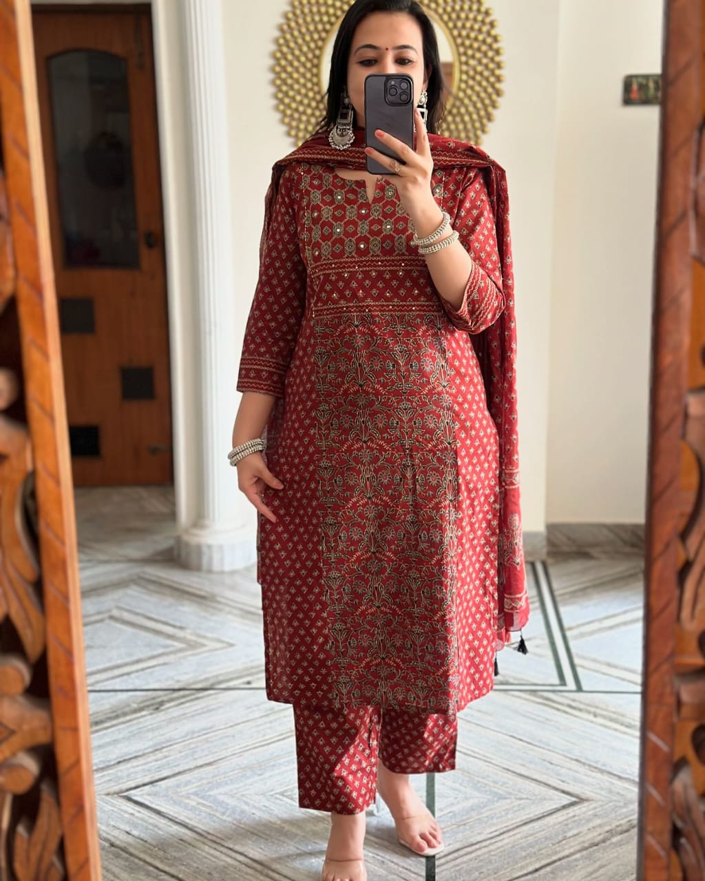 Red Buti Work Kurta And Pant With Dupatta for Women's