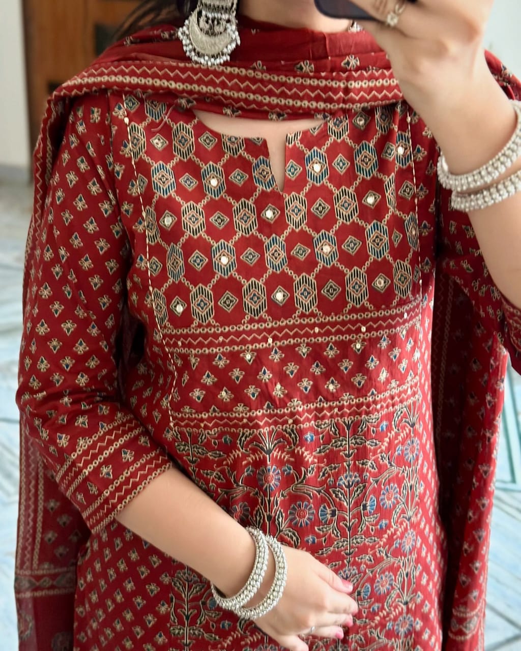 Red Buti Work Kurta And Pant With Dupatta for Women's
