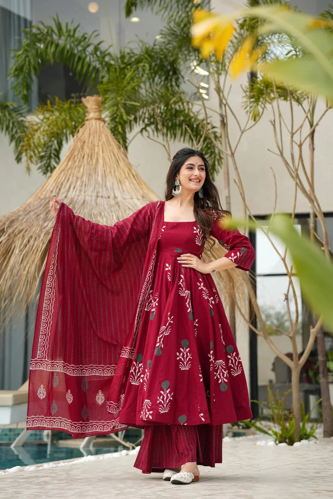 Red Cotton Kurta And Pant With Dupatta for Women's