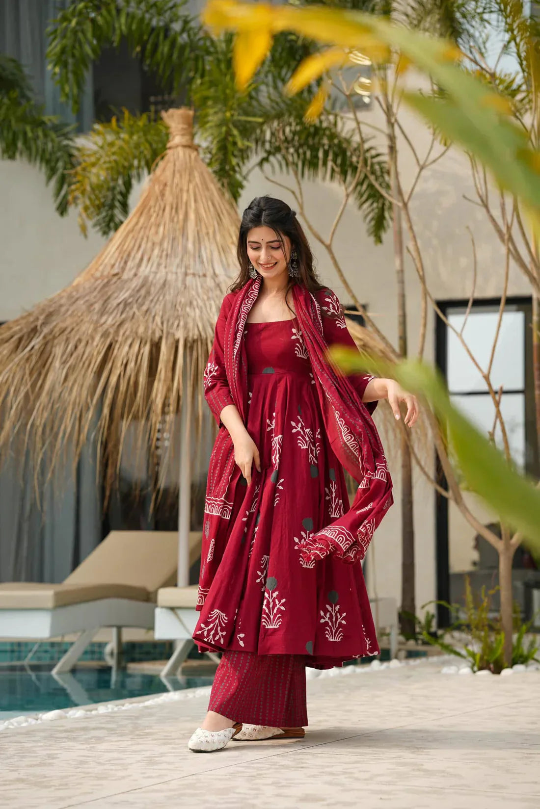 Red Cotton Kurta And Pant With Dupatta for Women's