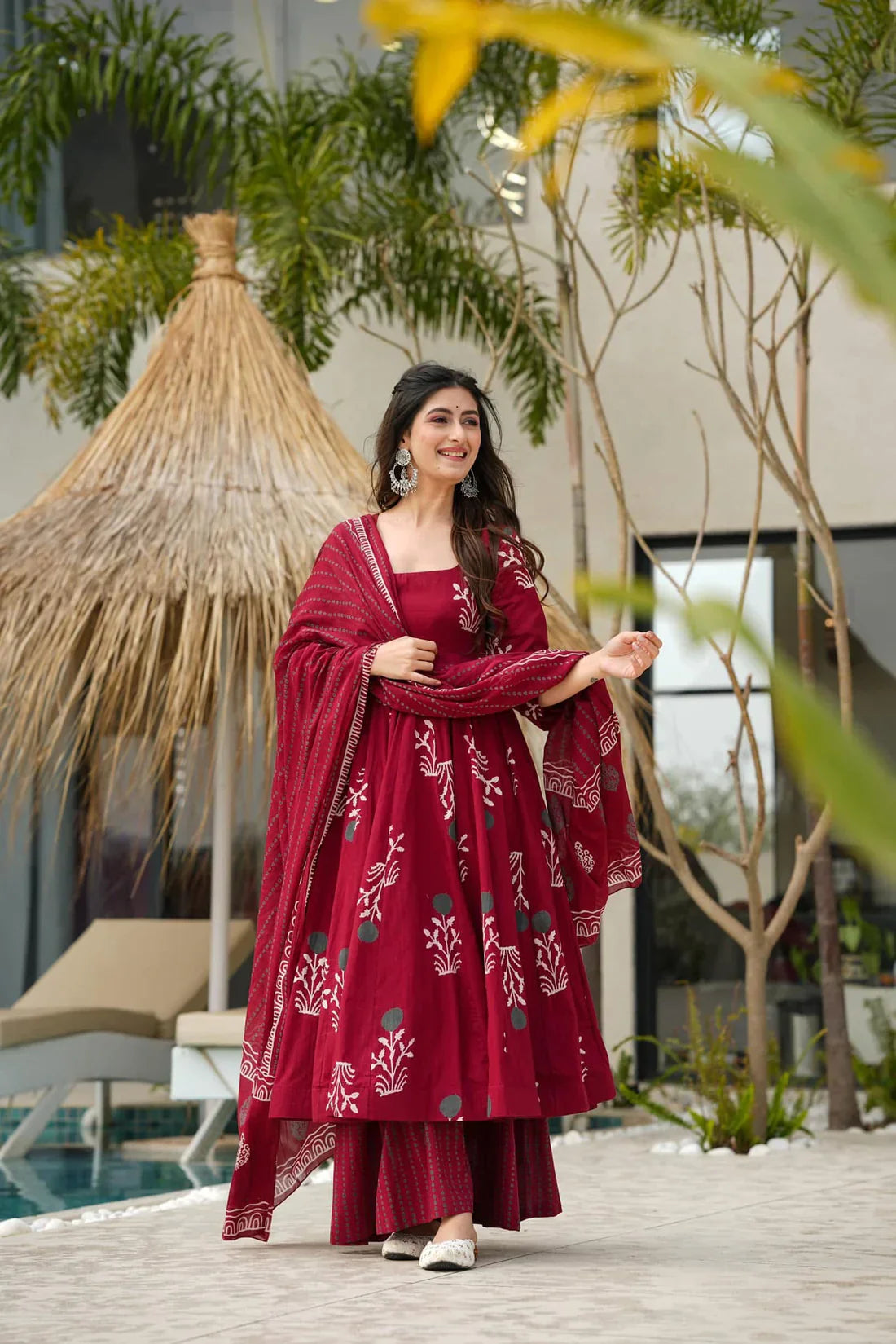 Red Cotton Kurta And Pant With Dupatta for Women's