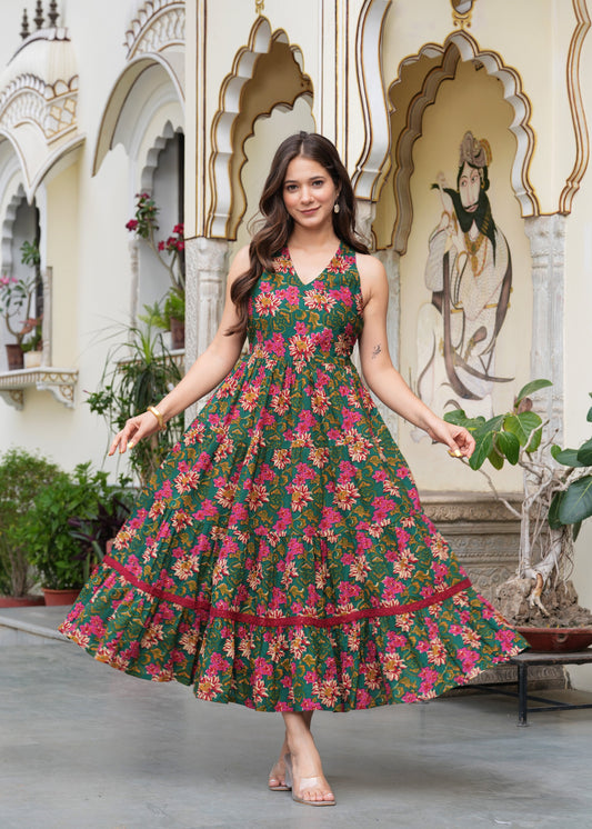 GREEN MANDANA PURE COTTON PRINTED DRESS