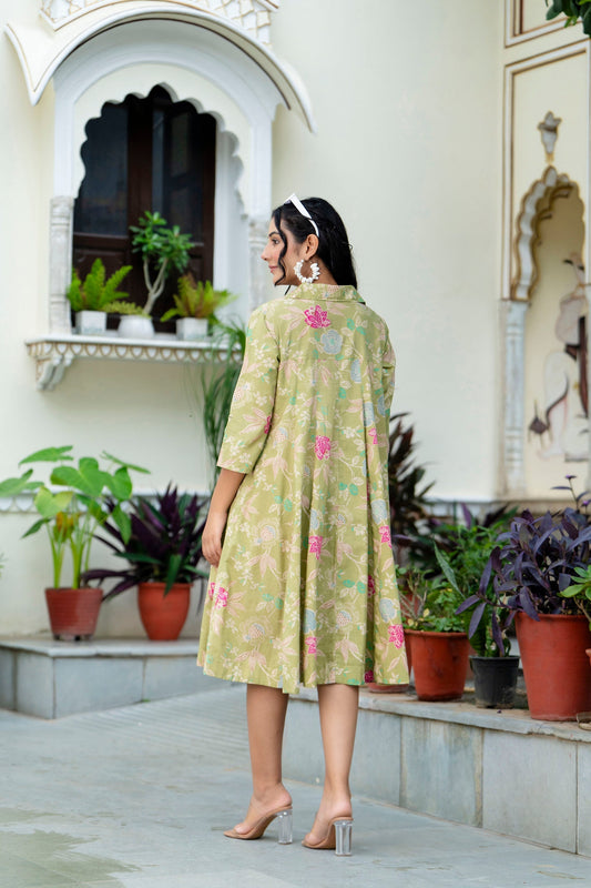 Pure Cotton Pista Green Kumodini Dress for Women's
