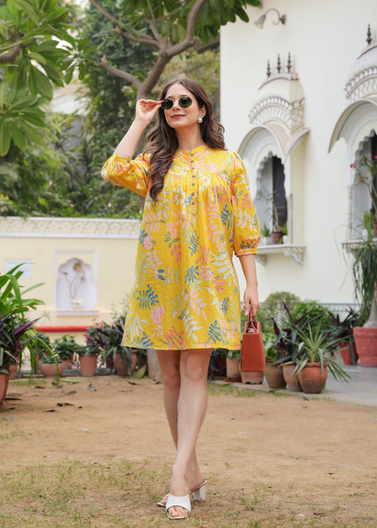 Pure Cotton Yellow Skyline Charm Mini Dress for Women's