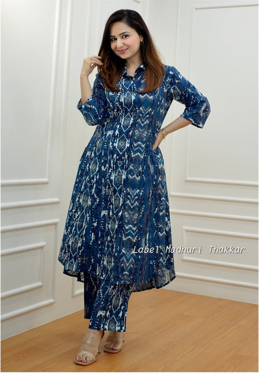 Printed Navy Blue Vintage Floral Cotton Co Ord Set for Women's